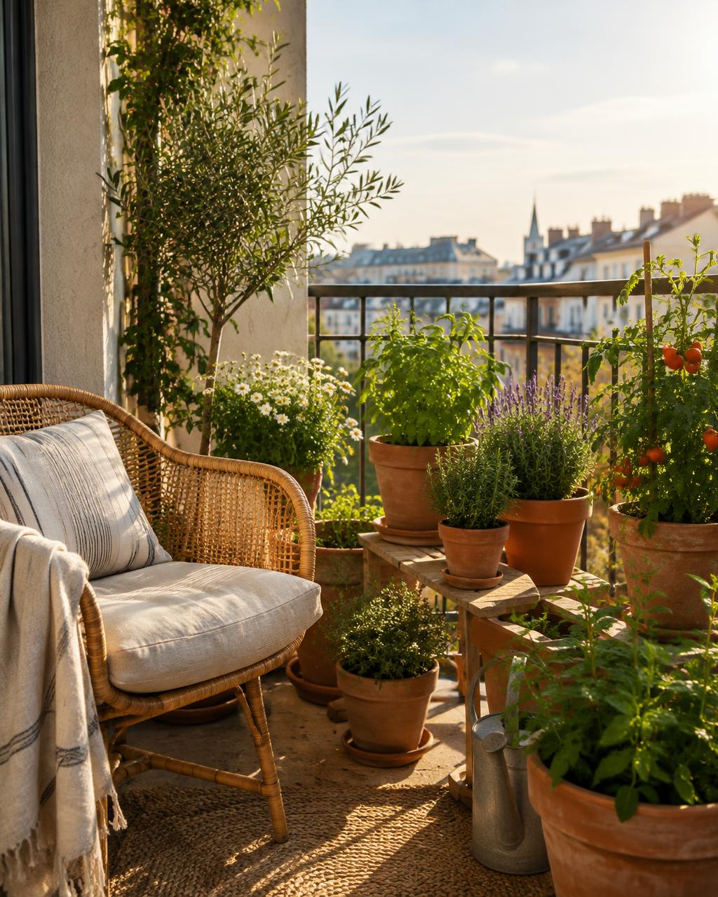 Balconul ca grădină: ierburi, flori și un fotoliu